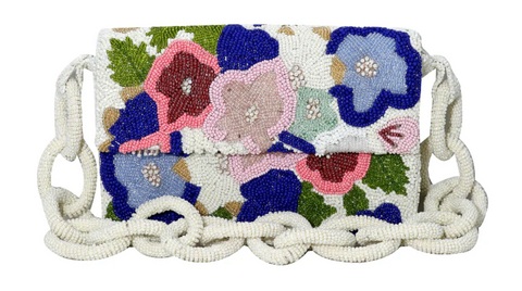 Staud Inspired Floral Beaded Clutch with Beaded Chain Strap