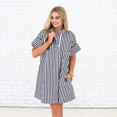 Margot Dress in Navy Strip by Caryn Lawn